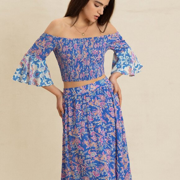 Smocked Off-Shoulder Printed Top and Skirt Set - Picture 6 of 10